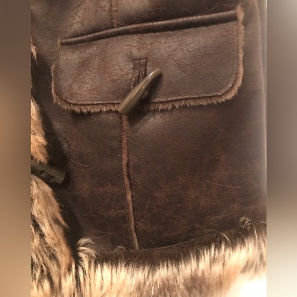 Faux Fur Faux Leather Vest in Dark Brown. Horned Tooth Buttons, Leather Trim - Picture 3 of 8